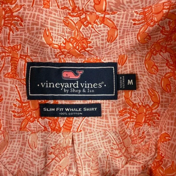 Vineyard Vines Mens Slim Fit Whale Shirt Orange Lobster Print Cotton M Short Slv - Picture 2 of 6